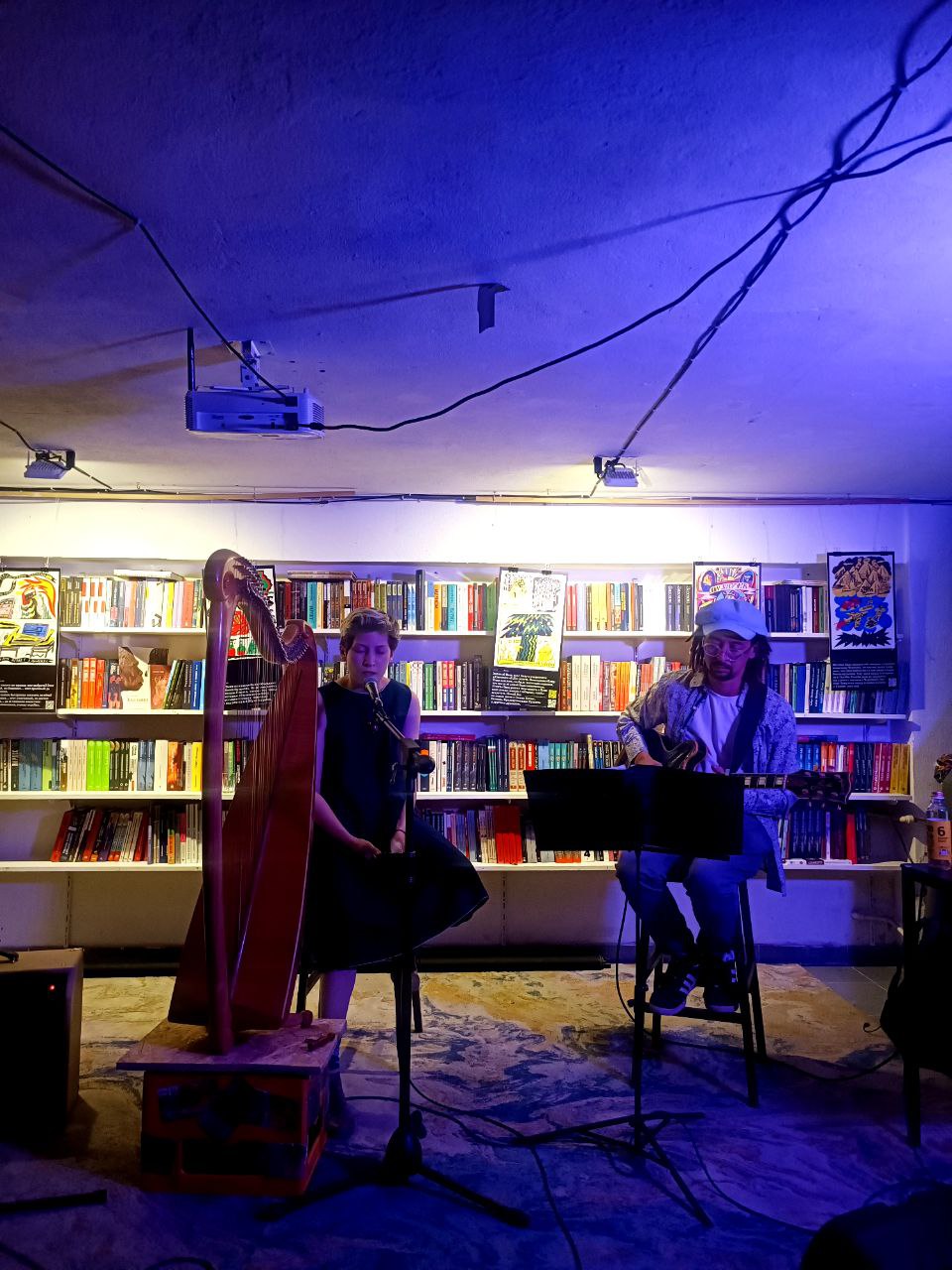 Anya Gordeladze on harp and Sasha Patlukh on guitar, playing in a bookstore